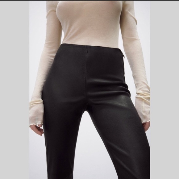ZARA Genuine Leather Pants Black Cropped Flared XL-w/STRETCH - Picture 4 of 5